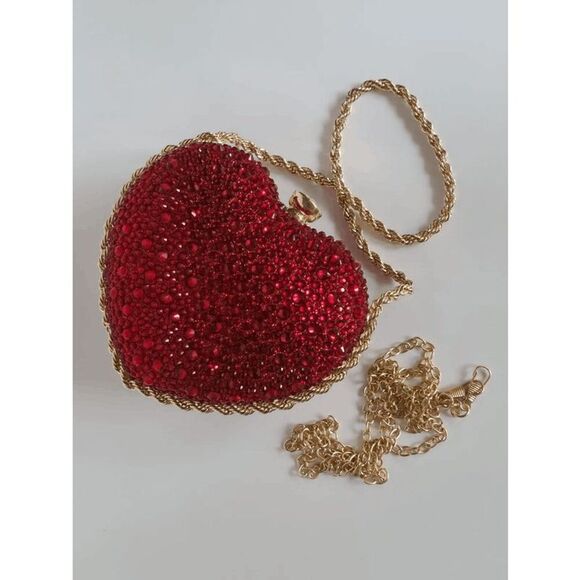 ❤️💎 Jeweled Sparkling Rhinestone Red Heart Shaped Chain Clutch Purse Bag NEW - Picture 6 of 16